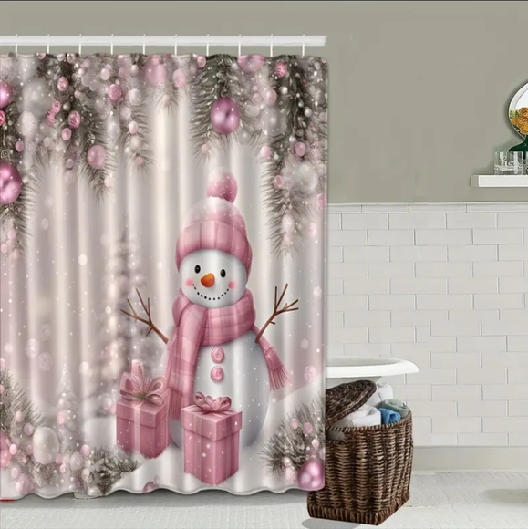 4pc Pink Snowman Shower Curtain & Bathroom Rugs Set |Christmas Holiday Decor NEW - Picture 9 of 11